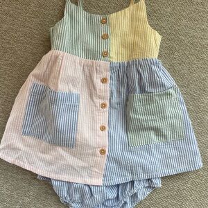 Bout’Chou Multicolor Seersucker Button-Up Dress & Bloomers - NWT